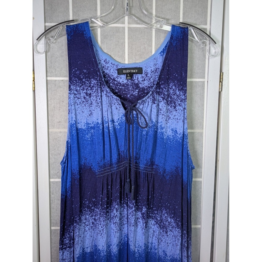 Ellen Tracy Women's Maxi Dress Large Stretchy Rayon Vacation Tie-Dye Blue Flowy